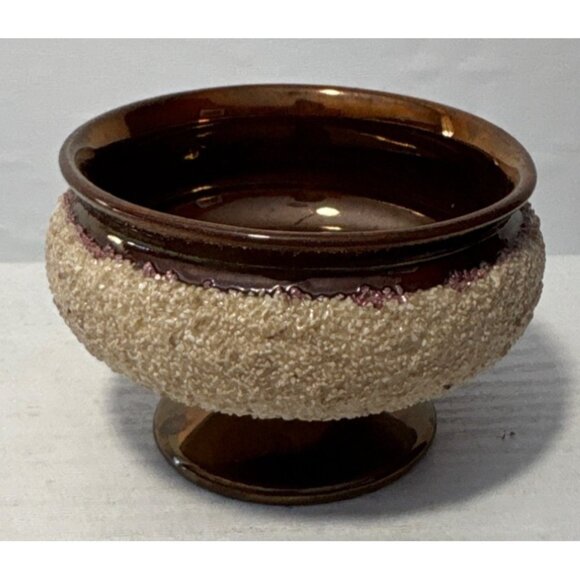 Vintage Ceramic Pedestal Bowl With Textured Ivory & Brown Glaze Finish - Picture 1 of 8